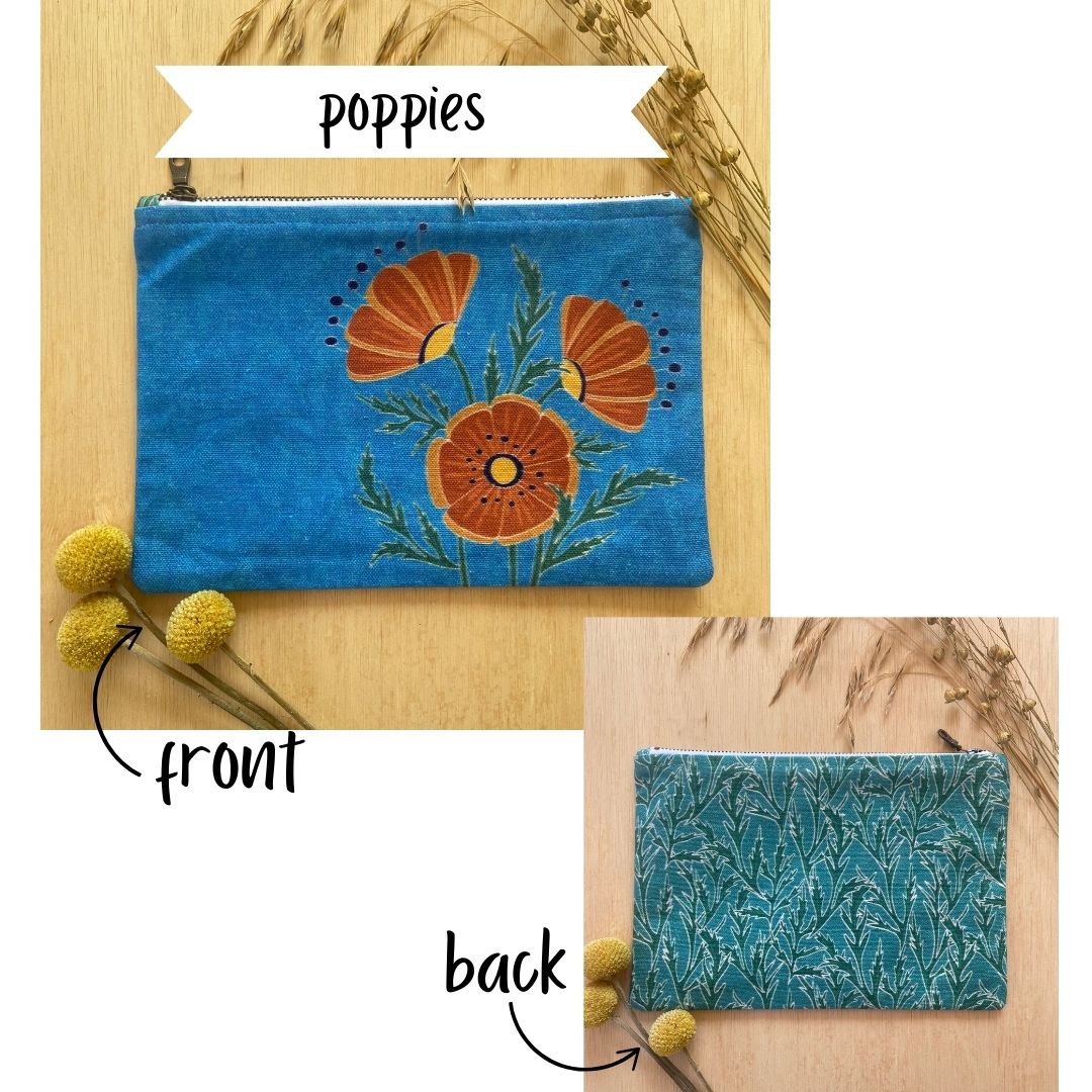 Orange Poppies on Blue zipper pouch
