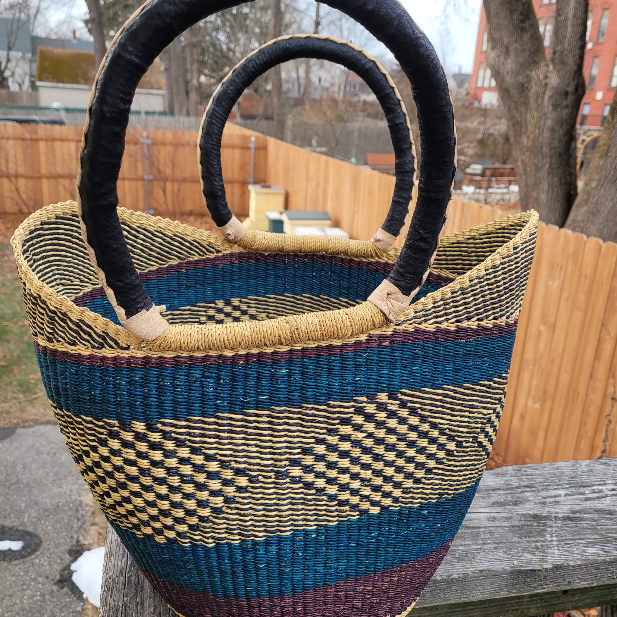 Large African Bolga Basket - 14-16 Inch Round Ghana Basket With Leather Handle, Black