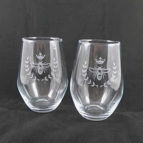 Vintage Bee etched, stemless wine glass